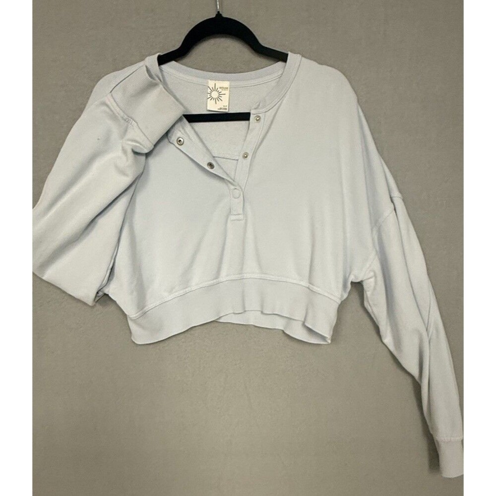 OFFLINE by Aerie Womens Cropped Henley Snap Sweatshirt Light Blue Thumbholes S